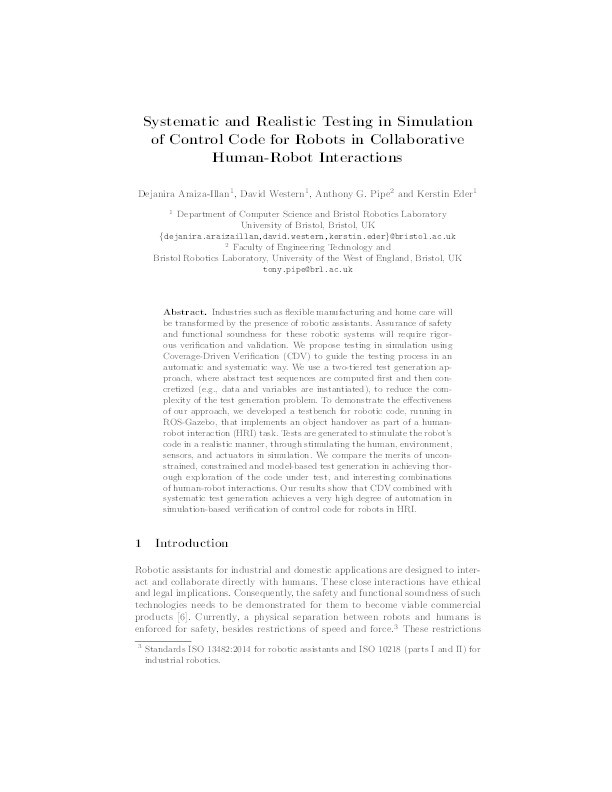 Systematic and realistic testing in simulation of control code for robots in collaborative human-robot interactions Thumbnail