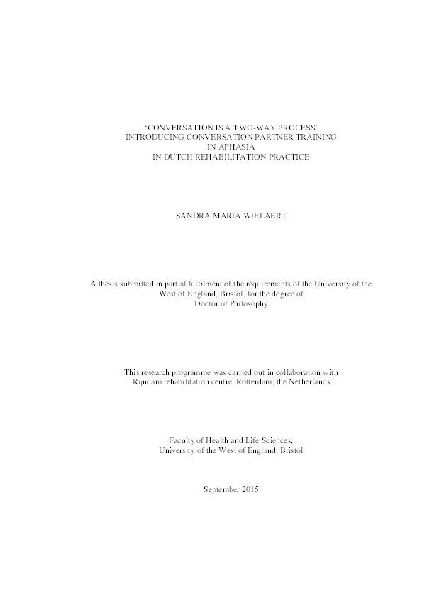 'Conversation is a two-way process' Introducing conversation partner training in aphasia in Dutch rehabilitation practice Thumbnail