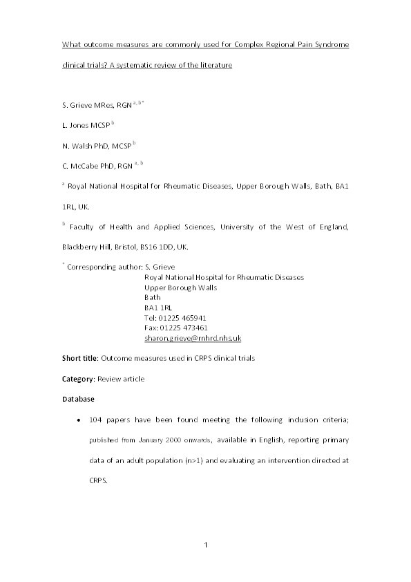 What outcome measures are commonly used for Complex Regional Pain Syndrome clinical trials? A systematic review of the literature Thumbnail