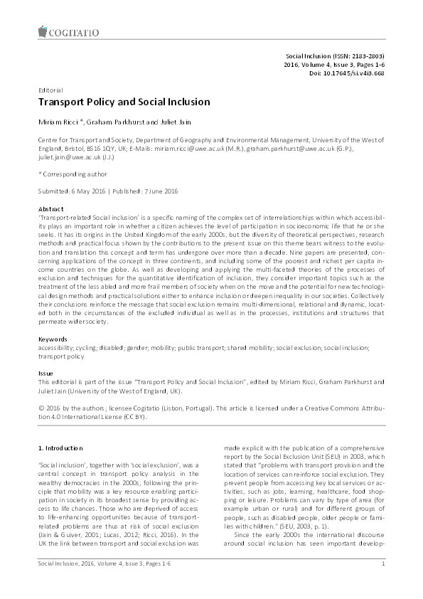 Transport policy and social inclusion Thumbnail