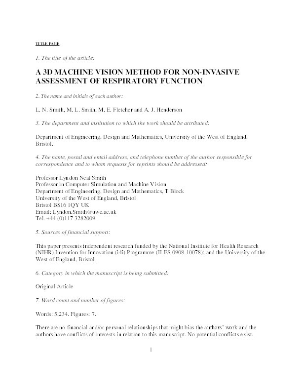 A 3D machine vision method for non-invasive assessment of respiratory function Thumbnail