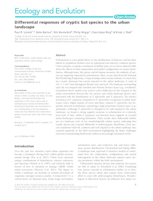 Differential responses of cryptic bat species to the urban landscape Thumbnail