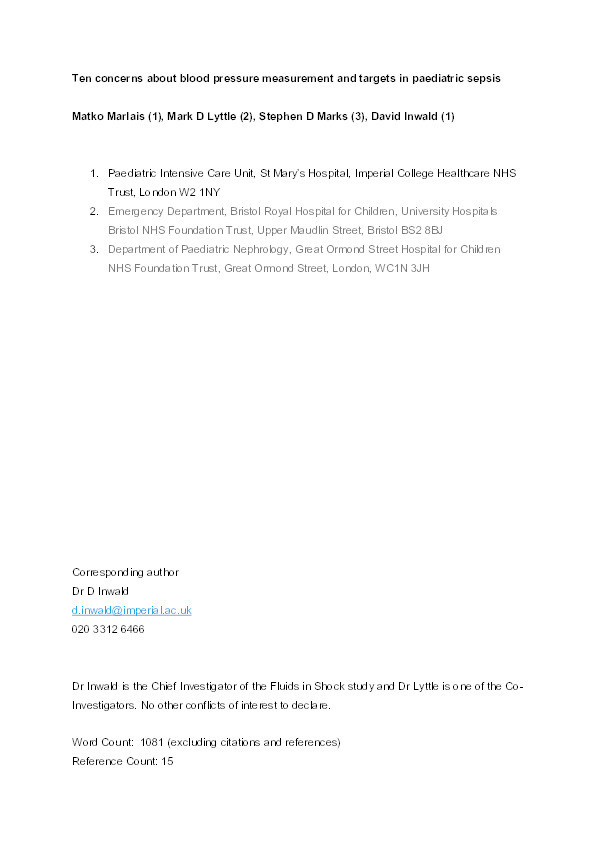 Ten concerns about blood pressure measurement and targets in paediatric sepsis Thumbnail