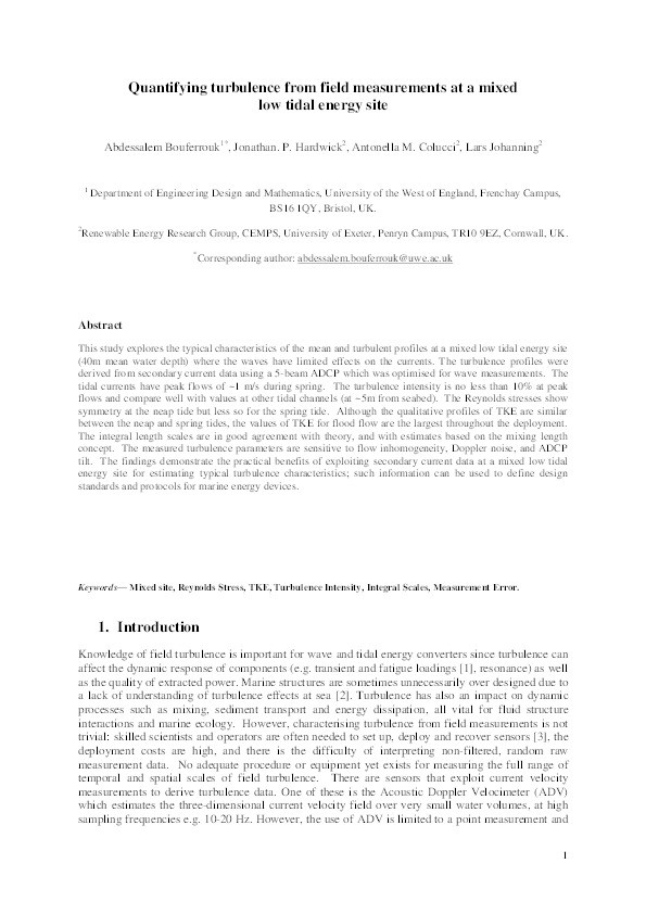 Quantifying turbulence from field measurements at a mixed low tidal energy site Thumbnail