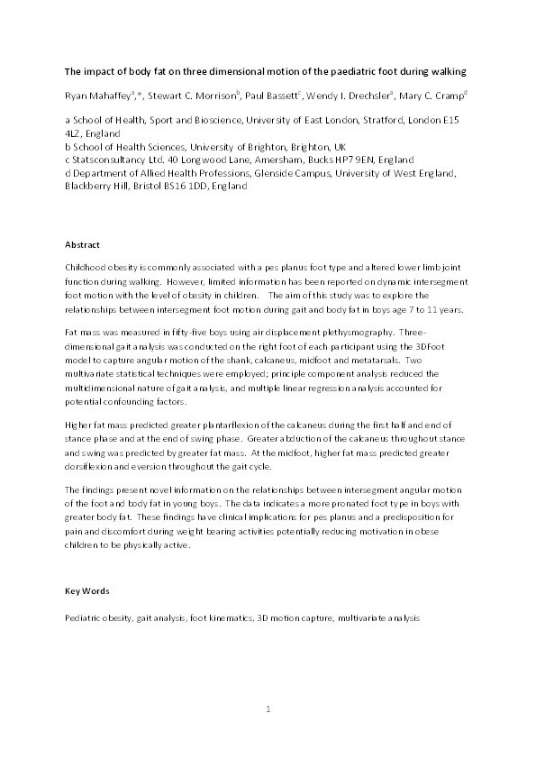 The impact of body fat on three dimensional motion of the paediatric foot during walking Thumbnail