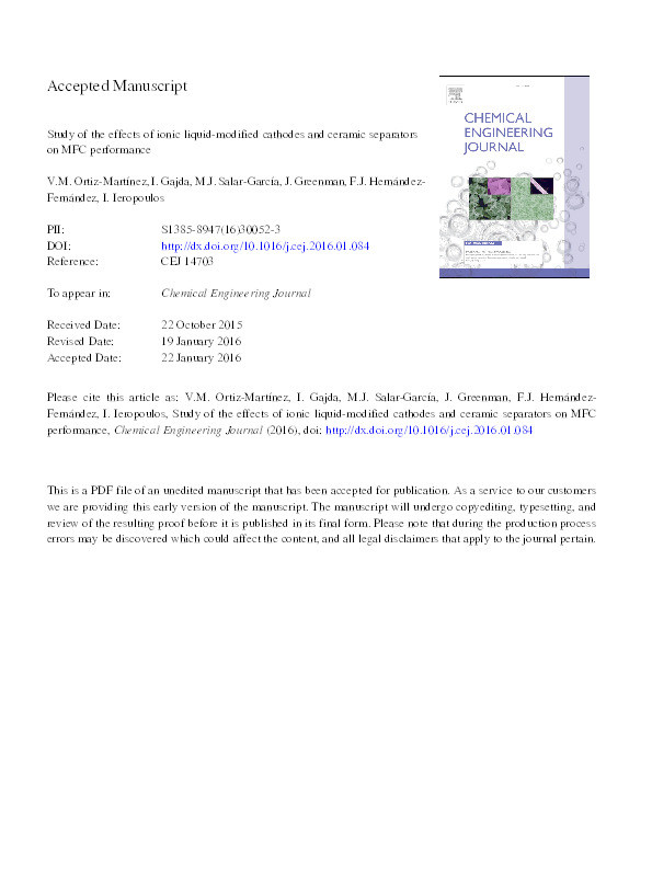 Study of the effects of ionic liquid-modified cathodes and ceramic separators on MFC performance Thumbnail