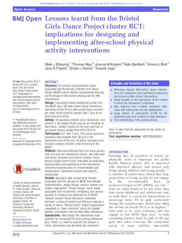 Lessons learnt from the Bristol Girls Dance Project cluster RCT: Implications for designing and implementing after-school physical activity interventions Thumbnail