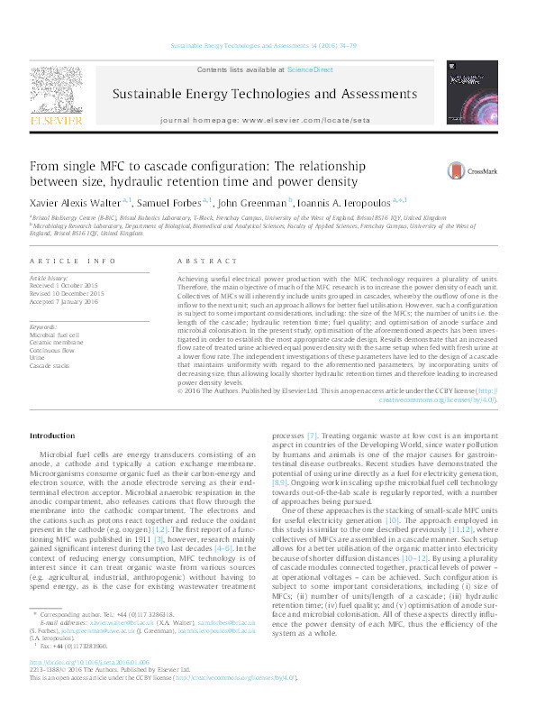 From single MFC to cascade configuration: The relationship between size, hydraulic retention time and power density Thumbnail