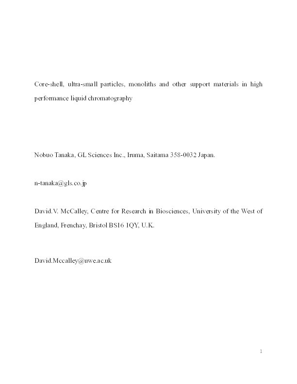 Core-Shell, Ultrasmall Particles, Monoliths, and Other Support Materials in High-Performance Liquid Chromatography Thumbnail