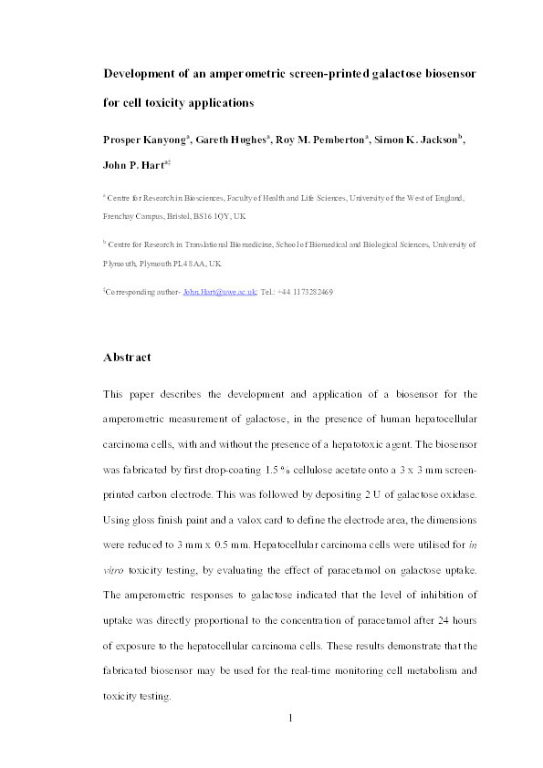 Amperometric Screen-Printed Galactose Biosensor for Cell Toxicity Applications Thumbnail