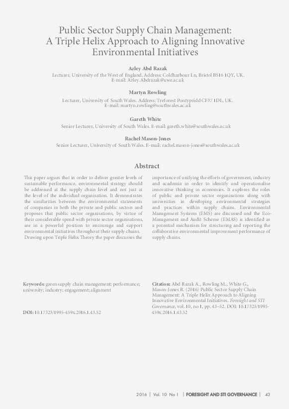 Public sector supply chain management: A Triple Helix approach to aligning innovative environmental initiatives Thumbnail