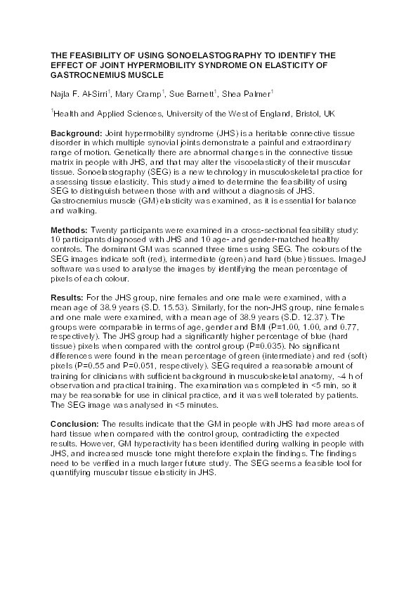 The feasibility of using sonoelastography to identify the effect of joint hypermobility syndrome on elasticity of gastrocnemius muscle Thumbnail