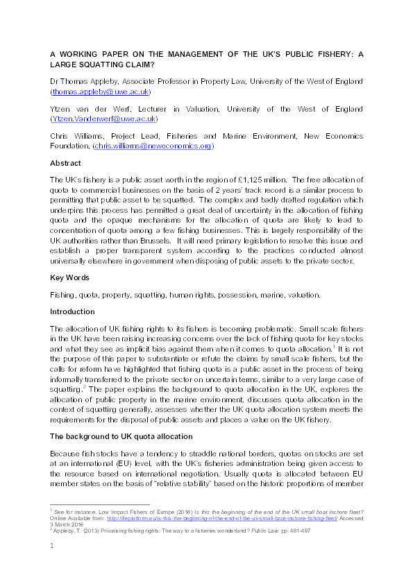The management of the UK's public fishery: A large squatting claim? Thumbnail