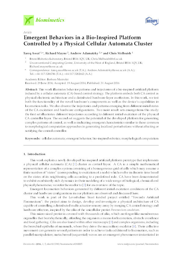 Emergent behaviors in a bio-inspired platform controlled by a physical cellular automata cluster Thumbnail