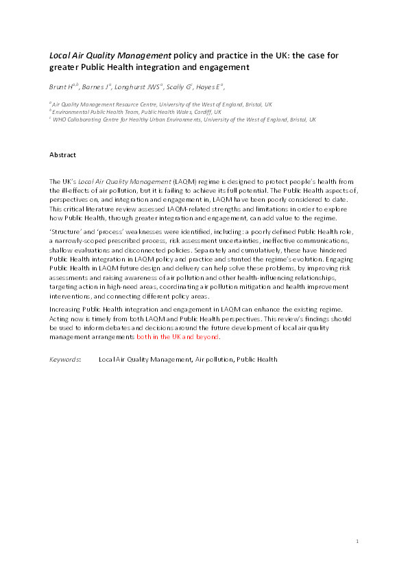 Local Air Quality Management policy and practice in the UK: The case for greater Public Health integration and engagement Thumbnail