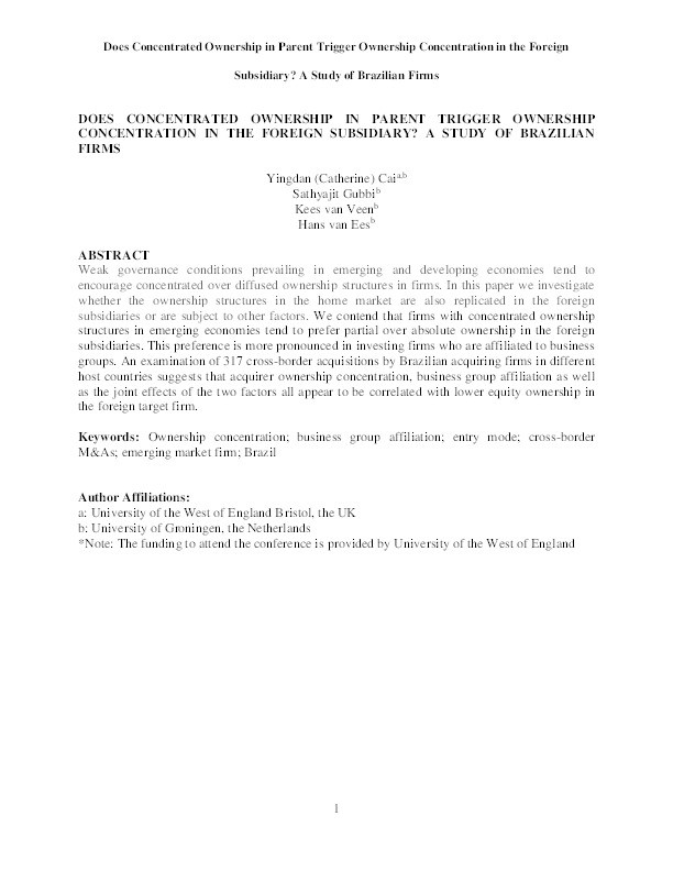 Acquirer ownership concentration and foreign ownership structure: A study of Brazilian firms Thumbnail