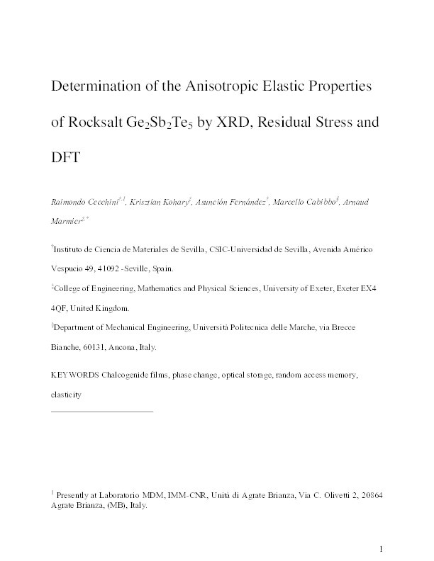 Determination of the anisotropic elastic properties of rocksalt Ge2Sb2Te5 by XRD, residual stress, and DFT Thumbnail