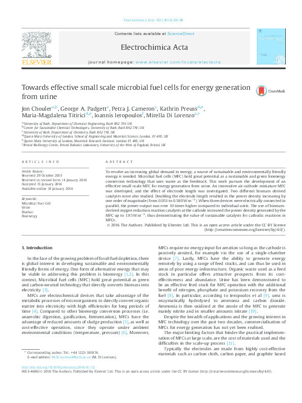 Towards effective small scale microbial fuel cells for energy generation from urine Thumbnail