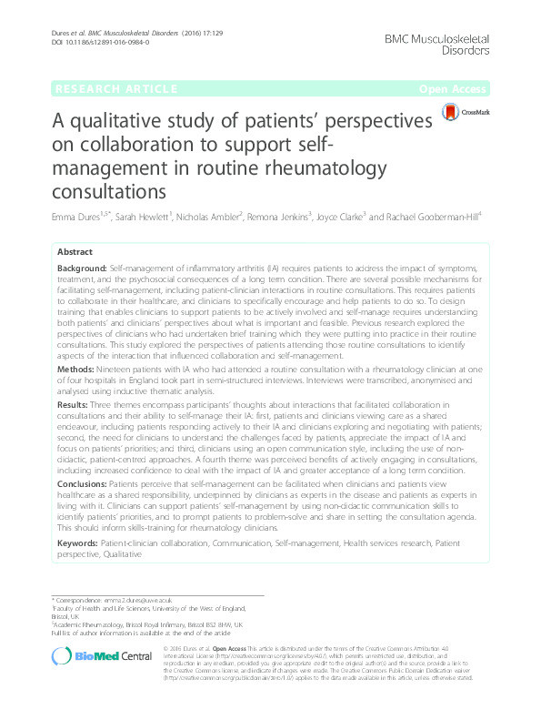 A qualitative study of patients' perspectives on collaboration to support self-management in routine rheumatology consultations Thumbnail