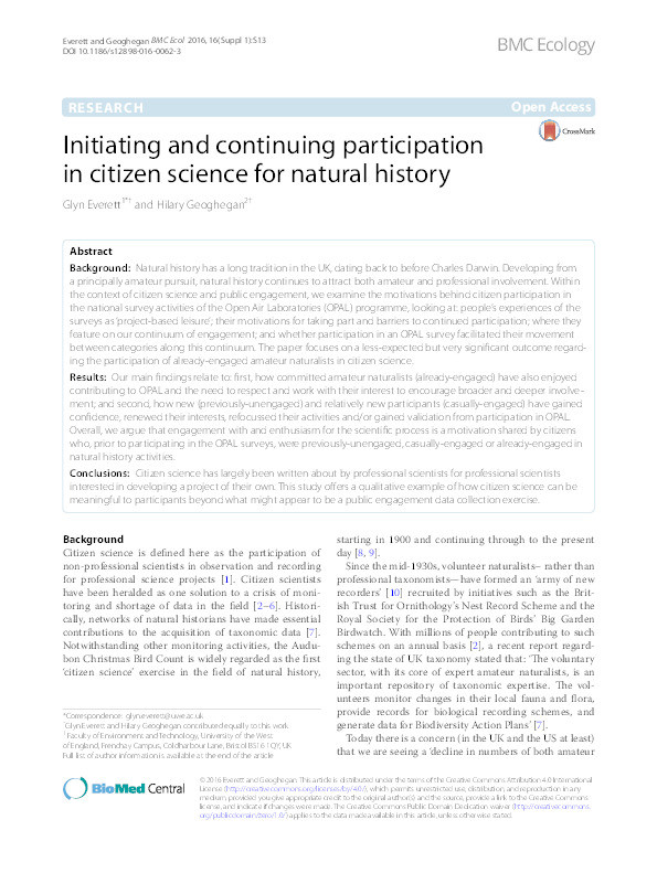 Initiating and continuing participation in citizen science for natural history Thumbnail