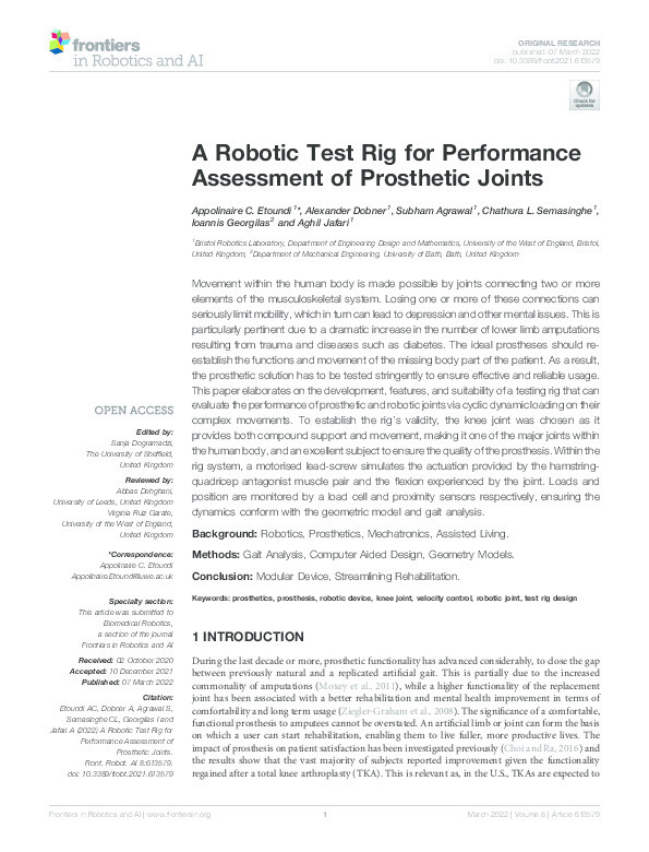 A robotic test rig for performance assessment of prosthetic joints Thumbnail