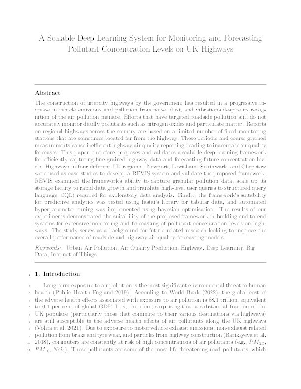 A scalable deep learning system for monitoring and forecasting pollutant concentration levels on UK highways Thumbnail