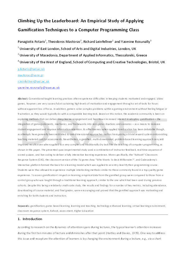 Climbing up the leaderboard: An empirical study of applying gamification techniques to a computer programming class Thumbnail