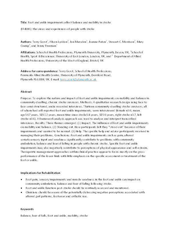 Foot and ankle impairments affect balance and mobility in stroke (FAiMiS): The views and experiences of people with stroke Thumbnail