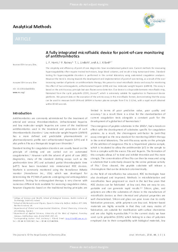 A fully integrated microfluidic device for point of care monitoring of antithrombotics Thumbnail