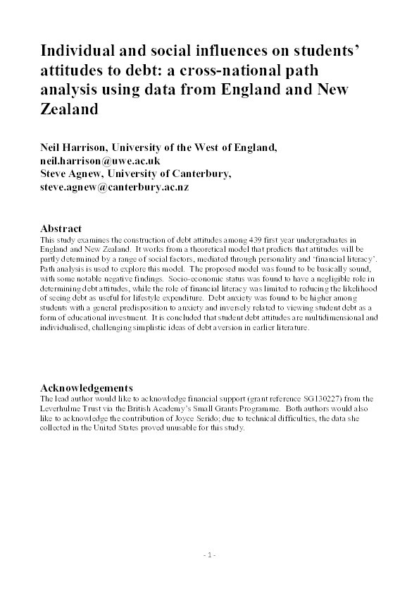 Individual and Social Influences on Students’ Attitudes to Debt: a Cross-National Path Analysis Using Data from England and New Zealand Thumbnail