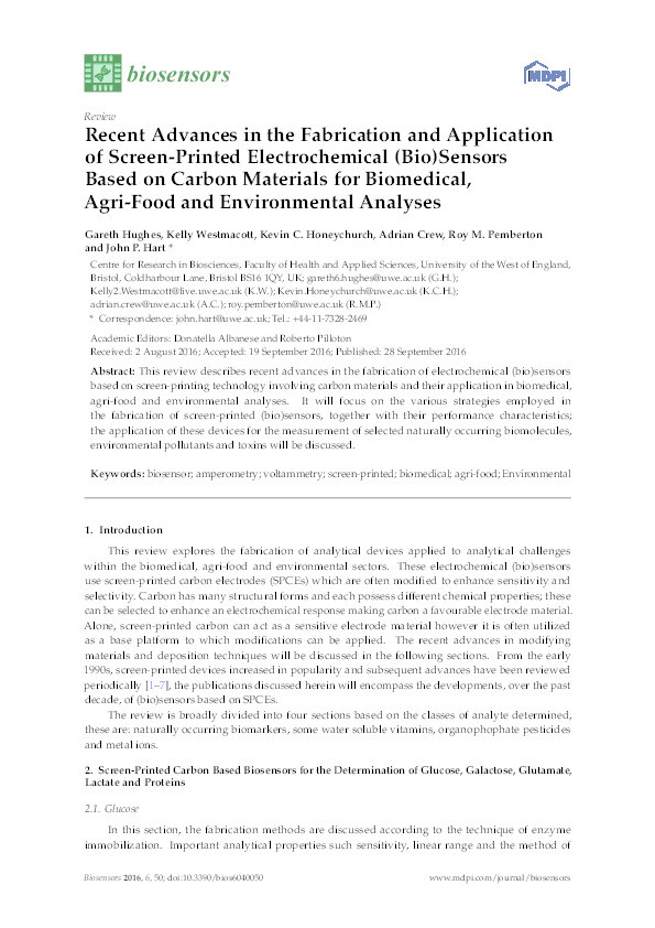 Recent advances in the fabrication and application of screen-printed electrochemical (bio)sensors based on carbon materials for biomedical, agri-food and environmental analyses Thumbnail