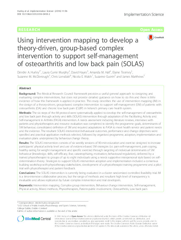 Using intervention mapping to develop a theory-driven, group-based complex intervention to support self-management of osteoarthritis and low back pain (SOLAS) Thumbnail