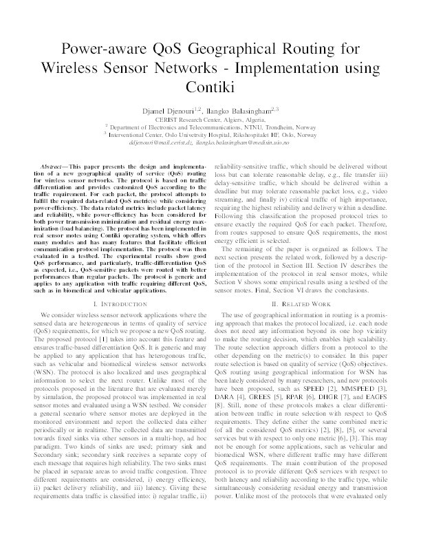 Power-aware QoS geographical routing for wireless sensor networks - Implementation using Contiki Thumbnail