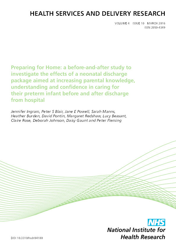 Preparing for home: A before-and-after study to investigate the effects of a neonatal discharge package aimed at increasing parental knowledge, understanding and confidence in caring for their preterm infant before and after discharge from hospital Thumbnail