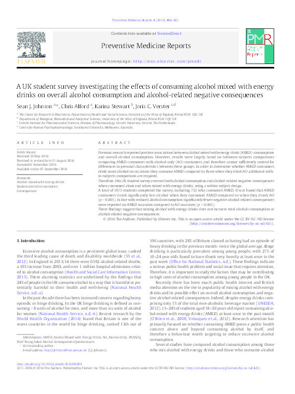 A UK student survey investigating the effects of consuming alcohol mixed with energy drinks on overall alcohol consumption and alcohol-related negative consequences Thumbnail