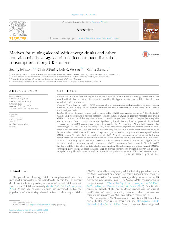 Motives for mixing alcohol with energy drinks and other non-alcoholic beverages and its effects on overall alcohol consumption among UK students Thumbnail