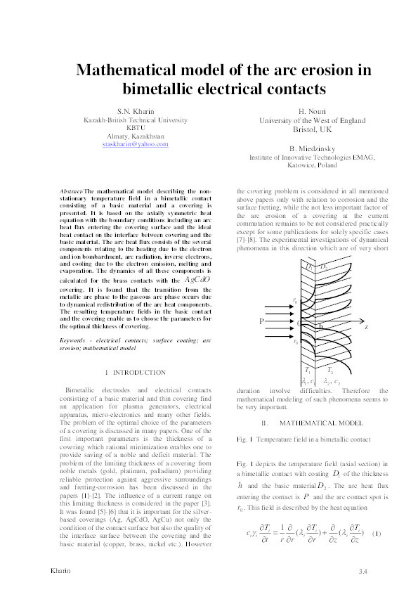 Mathematical model of the arc erosion in bimetallic electrical contacts Thumbnail