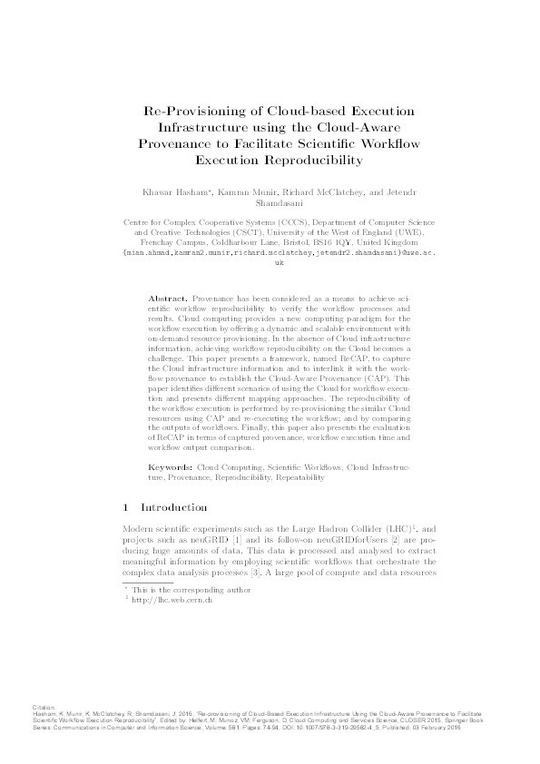 Re-provisioning of cloud-based execution infrastructure using the cloud-aware provenance to facilitate scientific workflow execution reproducibility Thumbnail