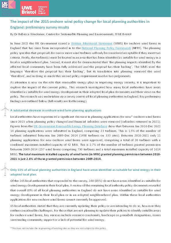 The impact of the 2015 onshore wind policy change for local planning authorities in England: Preliminary survey results Thumbnail