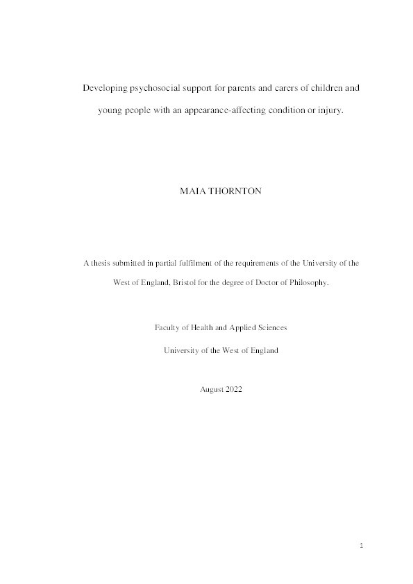 Developing psychosocial support for parents and carers of children and young people with an appearance-affecting condition or injury Thumbnail