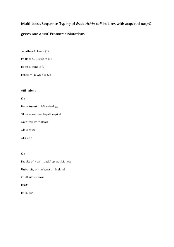 Multi-locus sequence typing of Escherichia coli isolates with acquired ampC genes and ampC promoter mutations Thumbnail