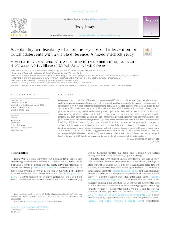 Acceptability and feasibility of an online psychosocial intervention for Dutch adolescents with a visible difference: A mixed-methods study Thumbnail