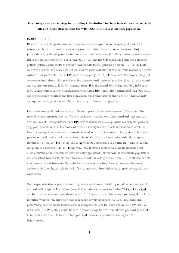 Evaluating a new methodology for providing individualized feedback in healthcare on quality of life and its importance, using the WHOQOL-BREF in a community population Thumbnail