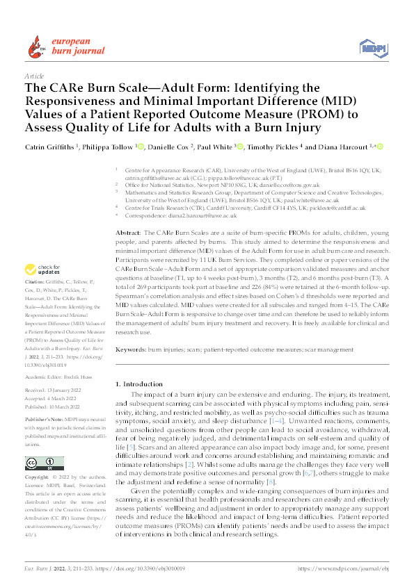 The CARe Burn Scale—Adult Form: Identifying the responsiveness and Minimal Important Difference (MID) values of a Patient Reported Outcome Measure (PROM) to assess quality of life for adults with a burn injury Thumbnail