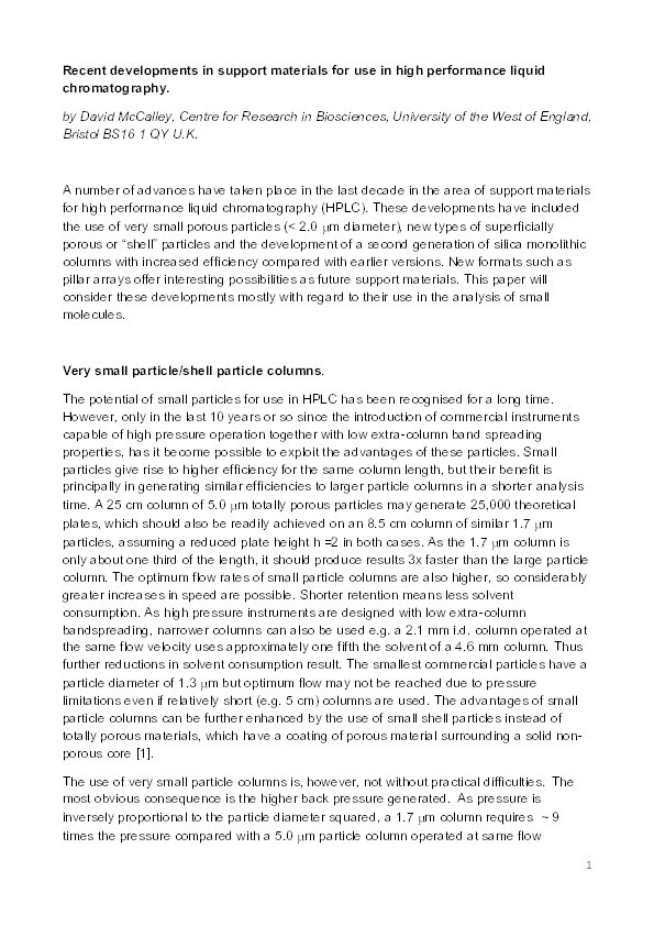 Recent developments in support materials for use in high performance liquid chromatography Thumbnail