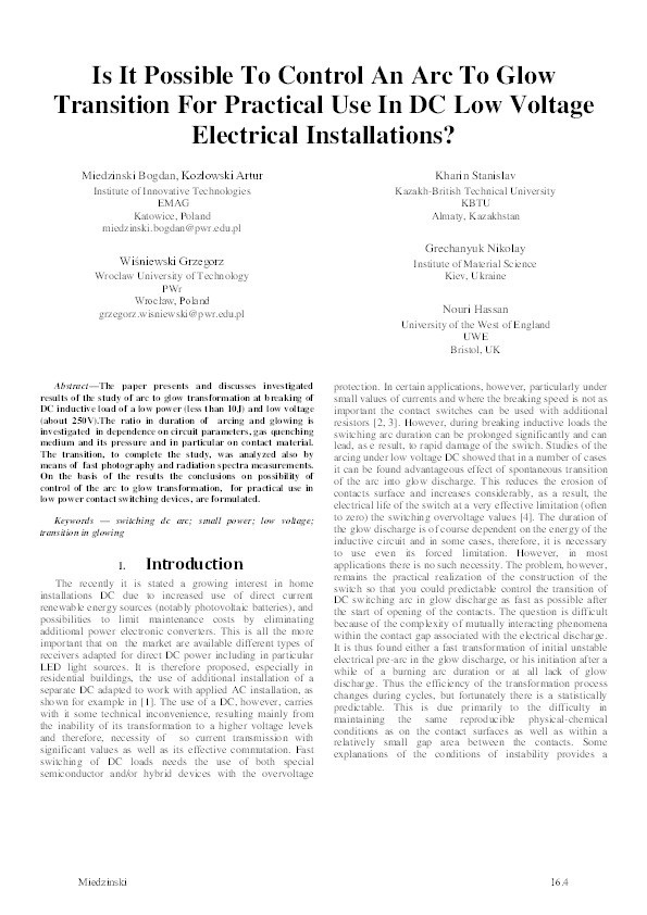 Is it possible to control an arc to glow transition for practical use in DC low voltage electrical installations? Thumbnail