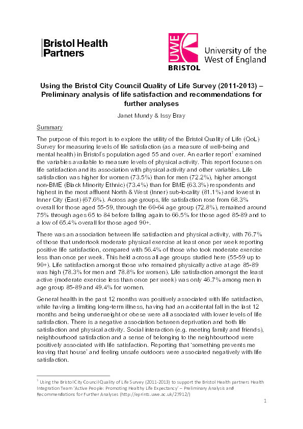 Using the Bristol City Council Quality of Life Survey (2011-2013) – Preliminary analysis of life satisfaction and recommendations for further analyses Thumbnail