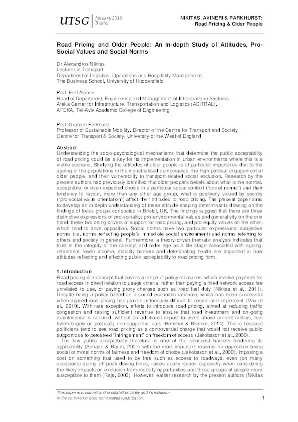 Road pricing and older people: An in-depth study of attitudes, pro-social values and social norms Thumbnail