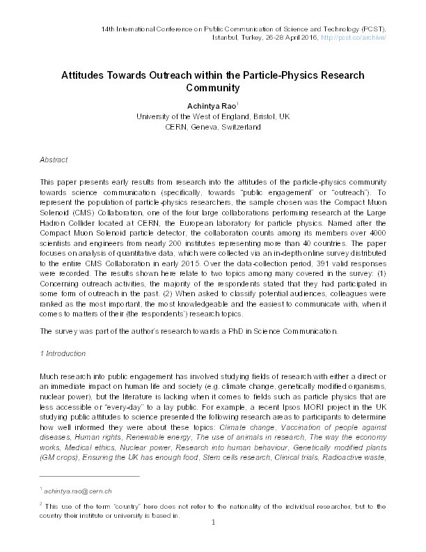 Attitudes towards outreach within the particle-physics research community Thumbnail