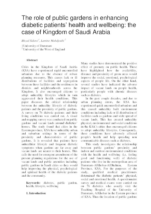 The role of public gardens in enhancing diabetic patients’ health and wellbeing Thumbnail